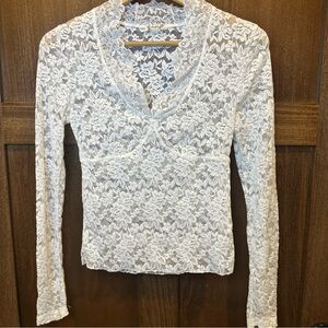 Free People Intimately White Lace Long-Sleeve V-Neck Top